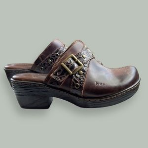 Boc leather mules with decorative straps. Rich brown color, gold toned accents.